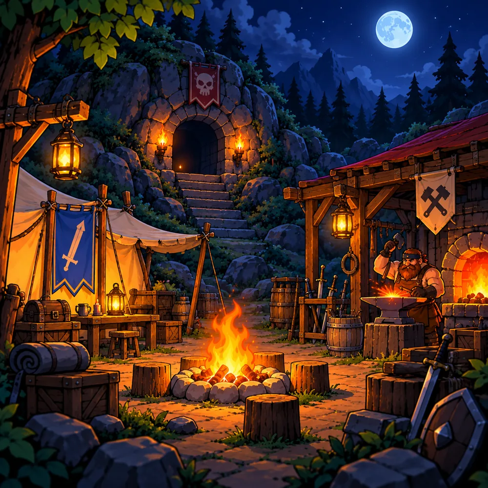 The Sanctuary: a torchlit camp with a blacksmith, a campfire and the stairs down into the dungeon